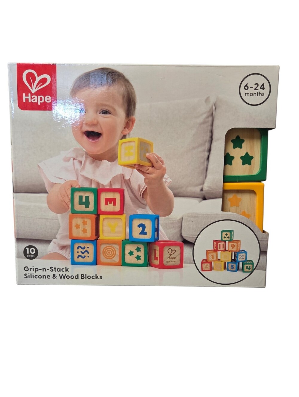 Hape Grip-n-Stack Silicone & Wood Blocks - Multicolor NIB